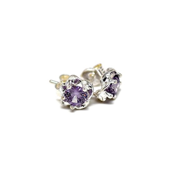 Earrings Faux Amethyst Faceted Glass Silver Plated Setting Ear Studs Birthstone - Picture 3 of 4